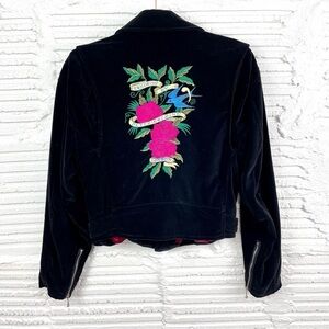 Peter Golding Vintage Black Velvet Moto Jacket W/ Floral Embroidery Size Small